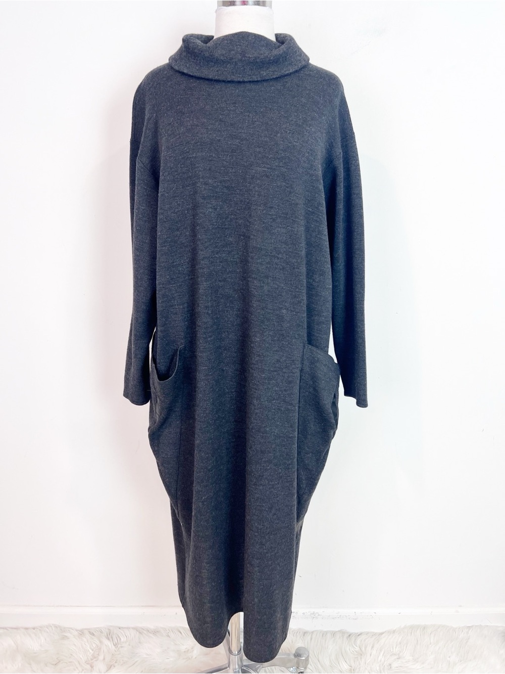 HINO & MALEE DARK CHARCOAL GRAY VINTAGE SHIFT DRESS FRONT POCKETS WOMENS LARGE